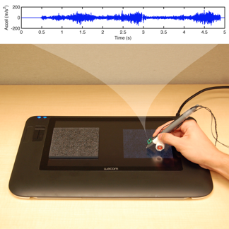 Using haptography, vibrations transmitted into a stylus simulate the feeling of denim. 